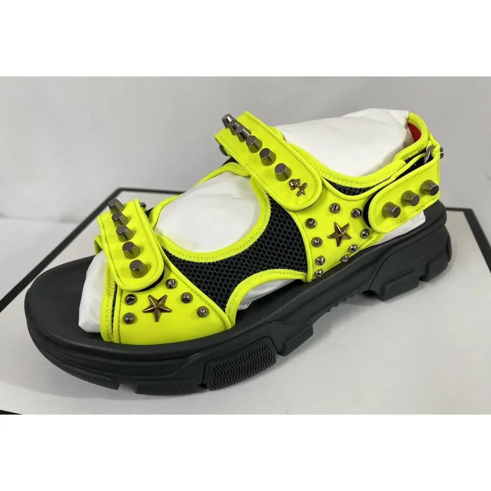 NIB Gucci Aguru Neon Yellow Floral/Star Detail Studded Sandal 11EU/12US $1150.00